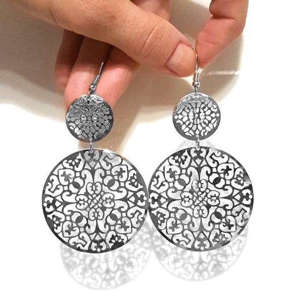 GlitzBlitz Boutique Jewelry - 2/$20! Large Gunmetal Lasered Disc Earrings